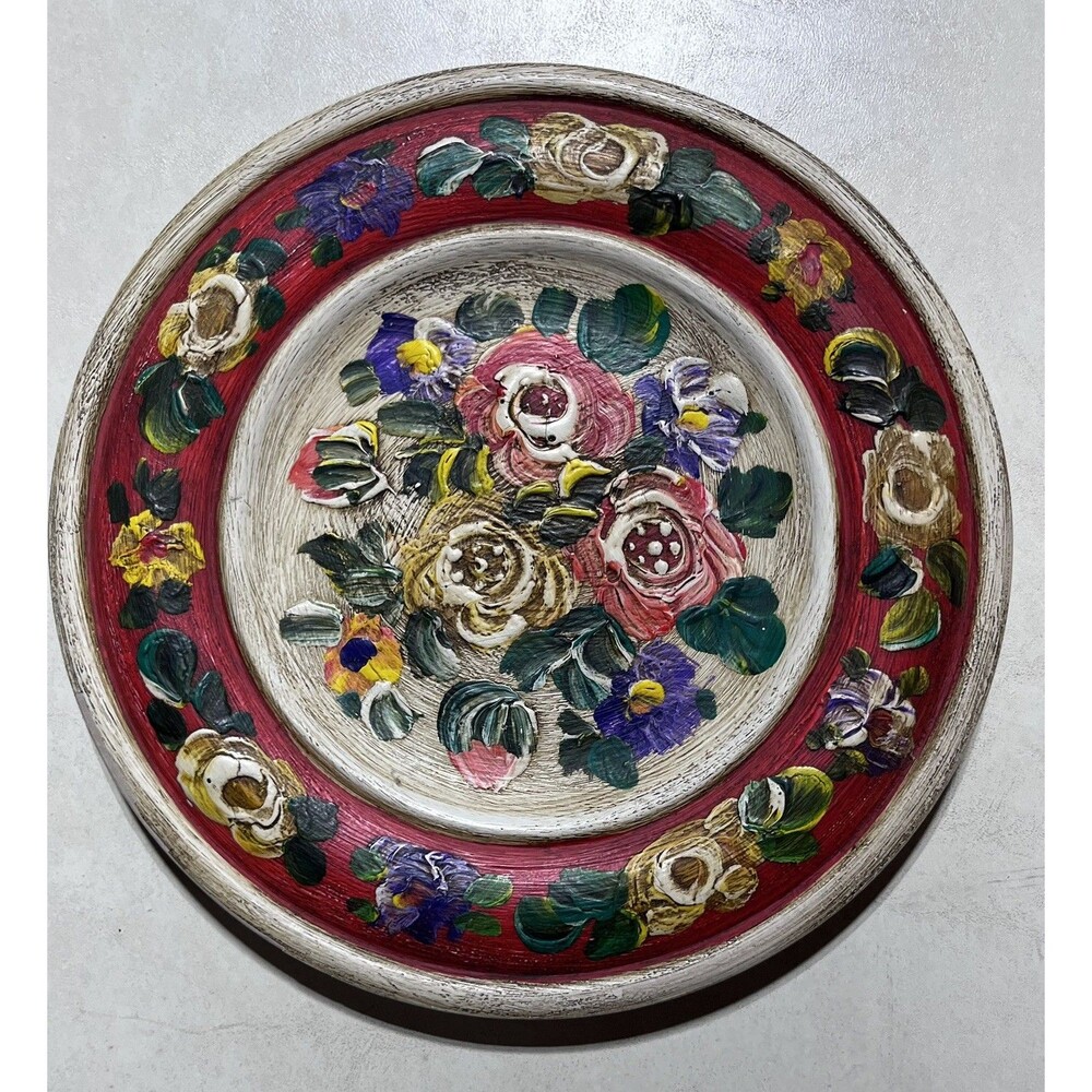 Vintage German hand-carved and hand-painted wooden floral wall plate 7.25
